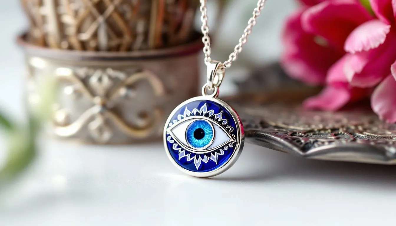 The image features a display of quality evil eye jewellery available in London, showcasing various pieces designed for protection, such as necklaces and bracelets. Prices are indicated alongside each item, inviting customers to check their stock and consider adding to their cart.