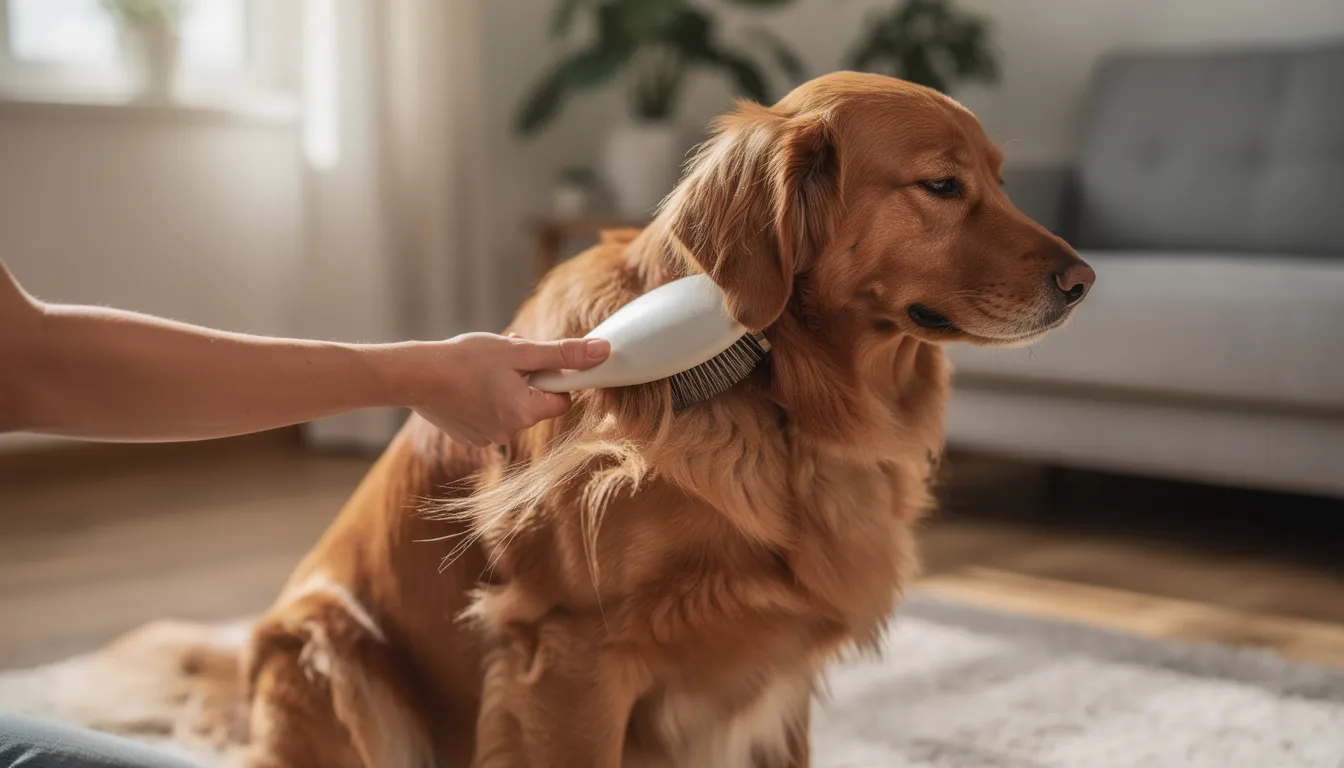 Na obrazku widać właściciela czeszczącego sierść psa miękką szczotką, co może być ważne dla kondycji skóry psa oraz zapobiegania problemom skórnym, takim jak ropne zapalenie skóry czy alergiczne pchle zapalenie skóry. Właściciel z uwagą dba o zdrowie swojego pupila, co jest istotne w kontekście chorób dermatologicznych i objawów skórnych.