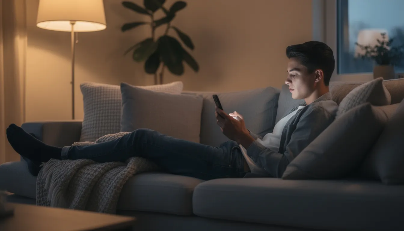 En person sitter avslappnat på en soffa och använder sin smartphone, förmodligen för att spela på ett online casino som Bertil. Det finns en känsla av lugn och nöje i rummet, vilket gör att stunden känns avkopplande.