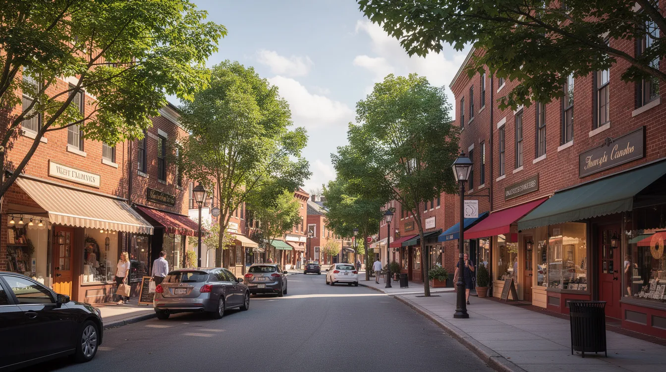 The image depicts a charming New England town street lined with brick storefronts and trees along the sidewalk, creating a picturesque scene. This area may include local businesses such as convenience stores and smoke shops that could sell hemp derived products, reflecting the regulated market for cannabis products in Connecticut.