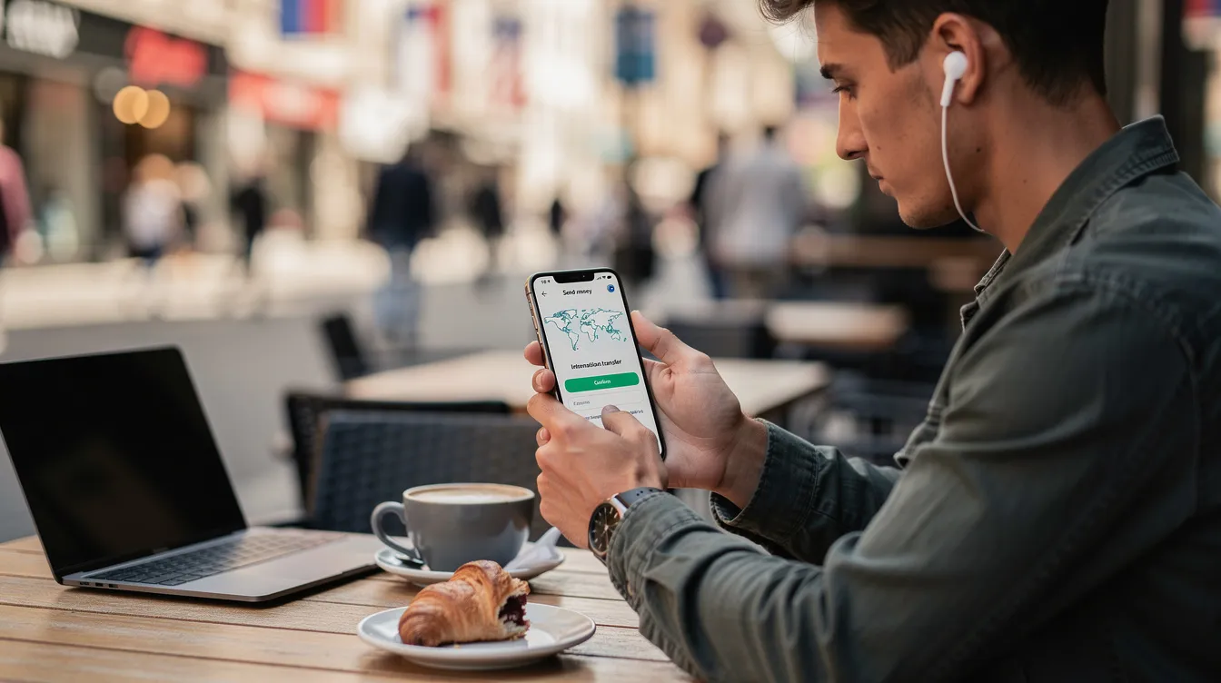 A person is sitting at a cafe, using a smartphone app to send money internationally, highlighting the convenience of online identity verification and automated fraud prevention measures. The scene captures a modern approach to financial transactions, emphasizing the importance of identity verification solutions in ensuring security and compliance.