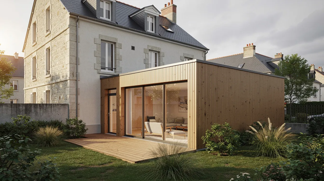 Une extension en bois contemporaine est ajoutée à une maison nantaise, mettant en valeur de grandes baies vitrées qui offrent une vue sur l'extérieur. Ce projet d'agrandissement, réalisé avec un savoir-faire en ossature bois, crée un espace lumineux et confortable pour la famille.
