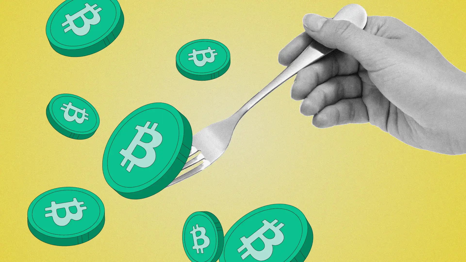 An image of a hand with fork, scooping up Bitcoin logos. 