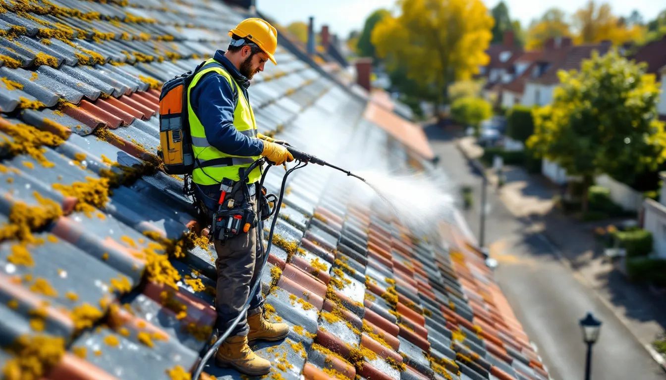 Nettoyage de toiture à Nantes : un professionnel applique un traitement anti-mousse sur des tuiles en fibro ciment, garantissant la protection contre l’humidité et la pollution.