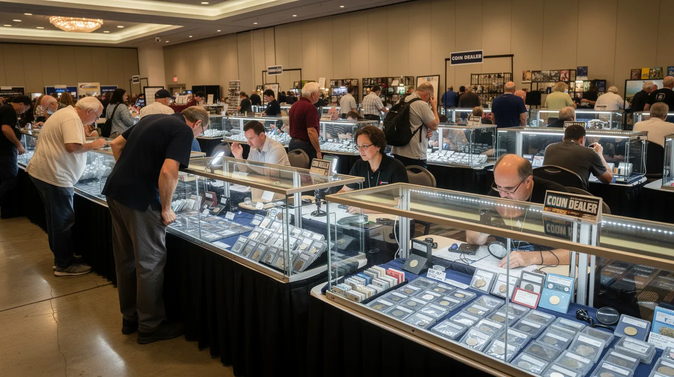 A busy regional coin show with dealer tables displaying gold, silver, platinum, and collectible coins