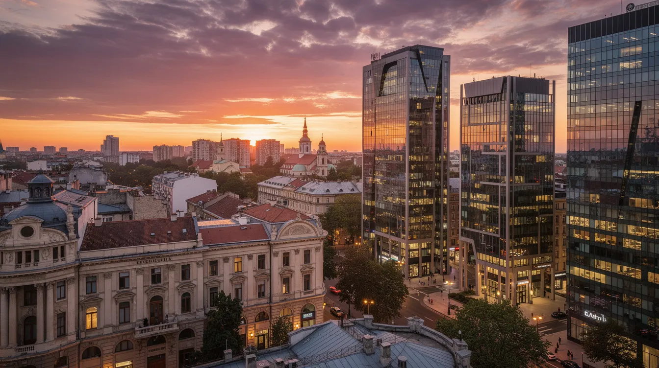 The image showcases the Bucharest city skyline at sunset, highlighting a blend of modern and historic architecture with vibrant colors in the sky. This view reflects the unique character of Romania, a host country for many communities, including Pakistani citizens seeking job opportunities in Eastern Europe.