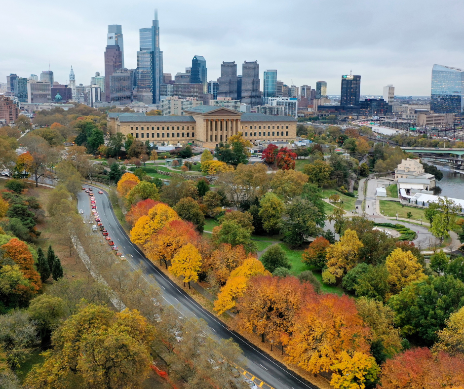 views of the Delaware River, Chestnut Street, city hall and other buildings along Philadelphia's skyline during the Fall