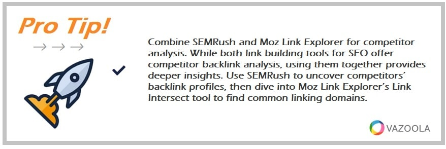 Combine SEMRush and Moz Link Explorer for competitor analysis. While both link building tools for SEO offer competitor backlink analysis, using them together provides deeper insights. Use SEMRush to uncover competitors’ backlink profiles, then dive into Moz Link Explorer’s Link Intersect tool to find common linking domains. 