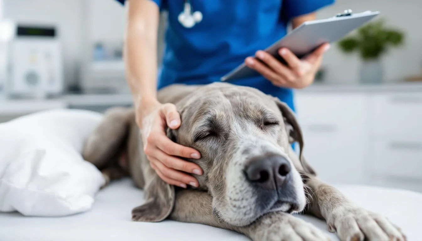 A senior dog is being gently examined by a veterinarian, who is likely assessing the pet for signs of kidney disease or chronic kidney failure. The vet