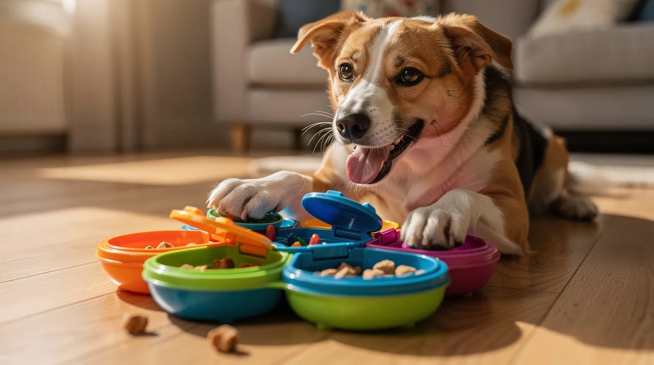 A joyful dog is happily engaging with a colorful puzzle toy filled with treats, showcasing the importance of interactive play in a dog daycare setting. This scene highlights how pet parents can enhance their furry companions' experience while boosting customer satisfaction and revenue streams for pet care businesses.