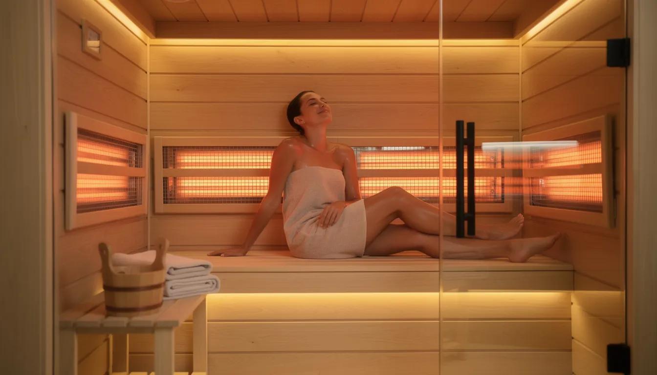 A person is relaxing in a modern wooden infrared sauna cabin, surrounded by warm ambient lighting that enhances the soothing atmosphere. This infrared sauna therapy utilizes infrared heat to promote blood circulation and provide various health benefits, such as pain relief and muscle recovery.