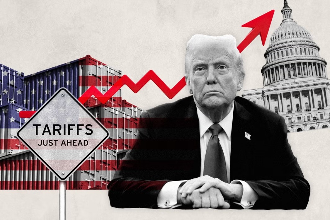 Image of Donald Trump seated, tariff sign, containers draped in US flag, Government buildings in background