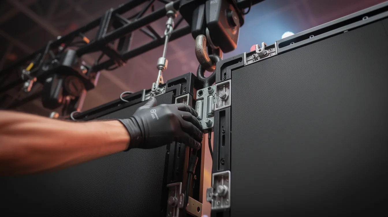 A close-up view captures multiple modular LED panel cabinets being connected on a stage, with rigging hardware visible overhead, showcasing the intricate setup of a vibrant LED wall stage backdrop designed for live events. The image highlights the lightweight cabinets and seamless splicing that contribute to an immersive visual experience for audiences.