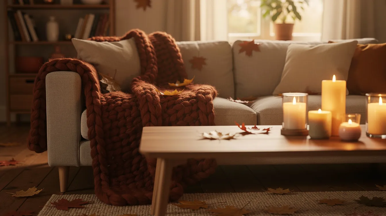 Een sfeervolle herfst-woonkamer met een dikke, roestbruine wollen plaid die losjes over een neutrale bank drapeert. Op de tafel staan kaarsen die een warme ambiance creëren, omringd door verschillende texturen en kleuren die de gezelligheid van het seizoen benadrukken.