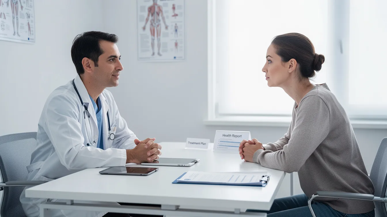 A slim patient is consulting with a plastic surgeon in a clean medical office, discussing options for a Brazilian butt lift procedure. The environment reflects a professional atmosphere, emphasizing careful planning and realistic expectations for achieving natural-looking results.