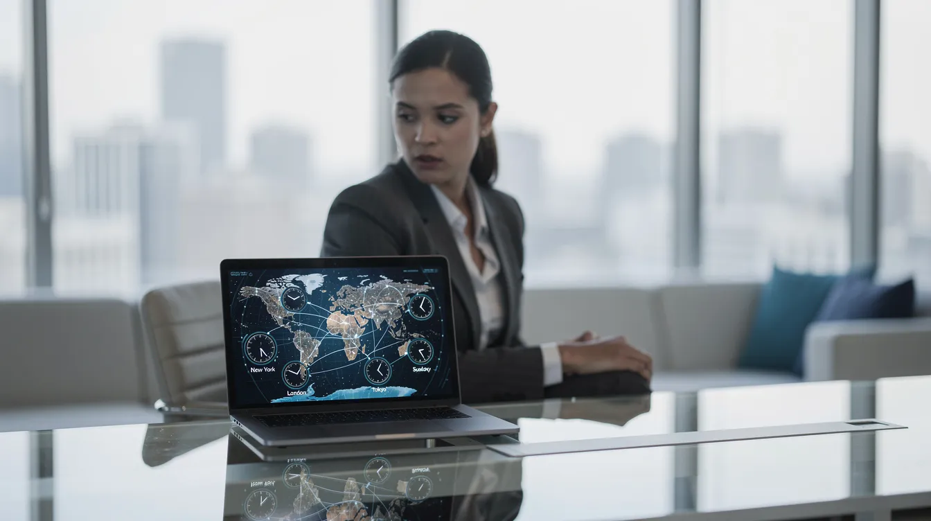 A professional is seated in a modern office, intently looking at a laptop displaying a world map with multiple clock faces, highlighting different time zones including Nairobi, Kenya, and the United Kingdom. The image emphasizes the importance of understanding time differences and staying connected across major cities in Eastern Africa and beyond.