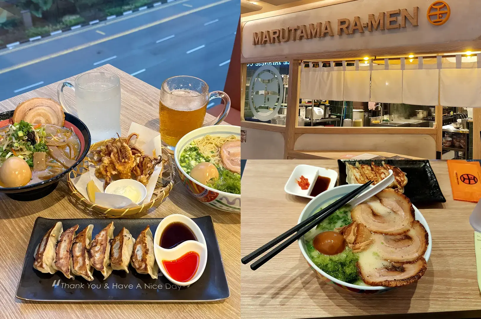 Marutama Ramen storefront and dishes including ramen bowls with chashu, gyoza, karaage, and beer on wooden table
