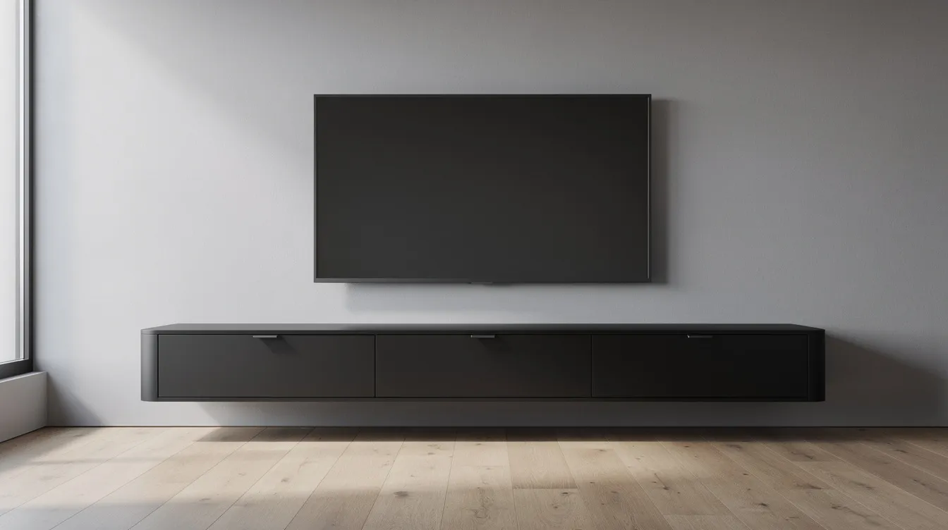 En stilren svart tv bänk står mot en ljusgrå vägg i en modern lägenhet, vilket ger rummet en elegant känsla. Bänken erbjuder smart förvaring och passar perfekt i vardagsrummet för att hålla kablar och andra föremål organiserade.