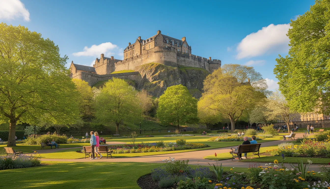 The image captures a stunning view of Edinburgh Castle towering majestically over Princes Street Gardens on a sunny day, with vibrant greenery in the foreground and the historic architecture of the city centre in the background, showcasing Scotland's capital's rich history and beauty.