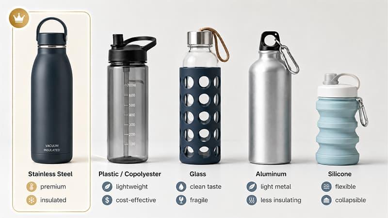 Water bottle material comparison showing stainless steel, plastic, glass, aluminum, and silicone bottle options