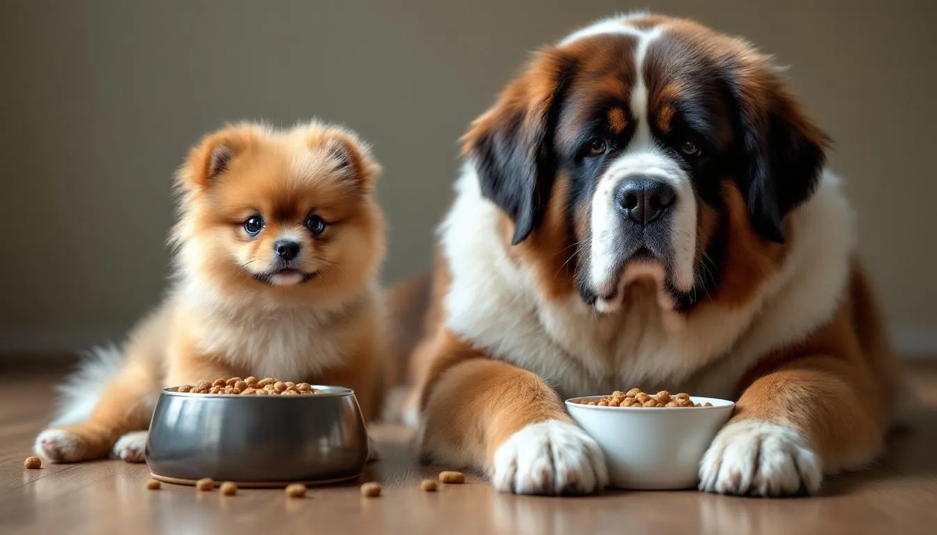 In the image, a small breed puppy and a large breed puppy are side by side, both enjoying their meals of puppy food, illustrating a clear size comparison while emphasizing the importance of a proper puppy feeding schedule for their growth and nutrition. The small puppy is eating from a bowl designed for smaller dogs, while the larger puppy has a more substantial bowl suitable for its size.