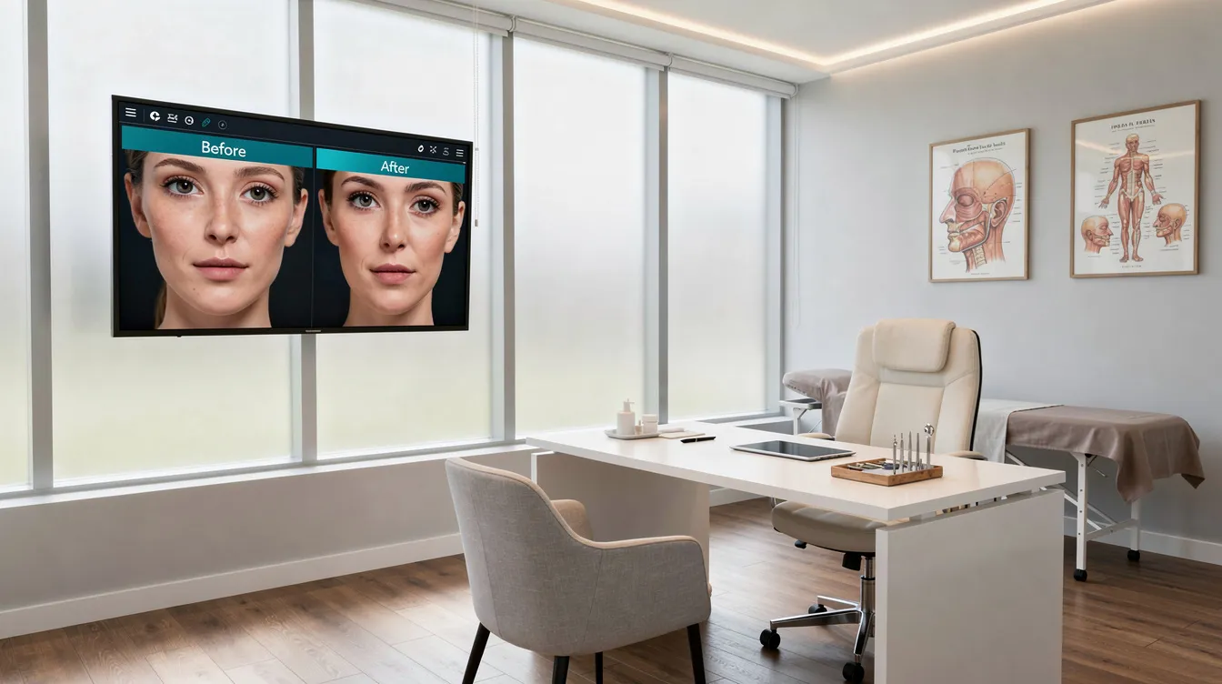 The image depicts a modern plastic surgery consultation room featuring a digital imaging screen, where patients can discuss their medical history, potential risks, and financing options with a surgeon. This environment is designed to help individuals prepare for their initial consultation and address important questions about the procedure and their overall well-being.