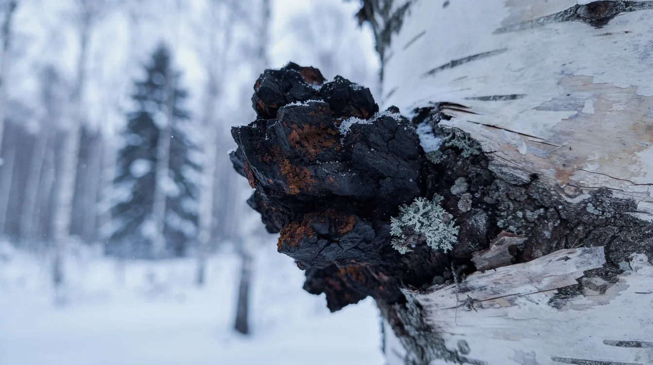 A close-up view of a dark chaga mushroom, known scientifically as Inonotus obliquus, growing on the white bark of a birch tree in a snowy northern forest. This medicinal mushroom is recognized for its potential health benefits, including boosting immunity and lowering blood sugar levels.