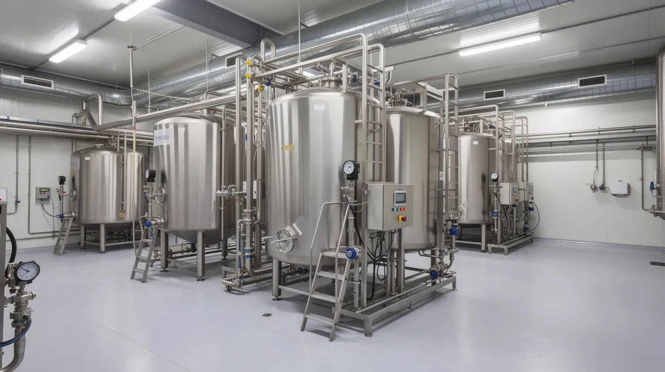 The image depicts industrial stainless steel tanks and intricate piping systems within a modern dairy processing facility, showcasing the advanced beverage processing equipment used for producing high-quality dairy products. This setup highlights the efficiency and automation essential for meeting consumer demands in the beverage manufacturing industry.