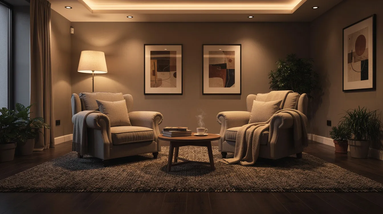 The image depicts a private and comfortable lounge featuring plush armchairs and soft lighting, creating a cozy atmosphere for visitors. This serene setting is ideal for those attending a UKVCAS appointment or seeking assistance with their visa and citizenship application process.