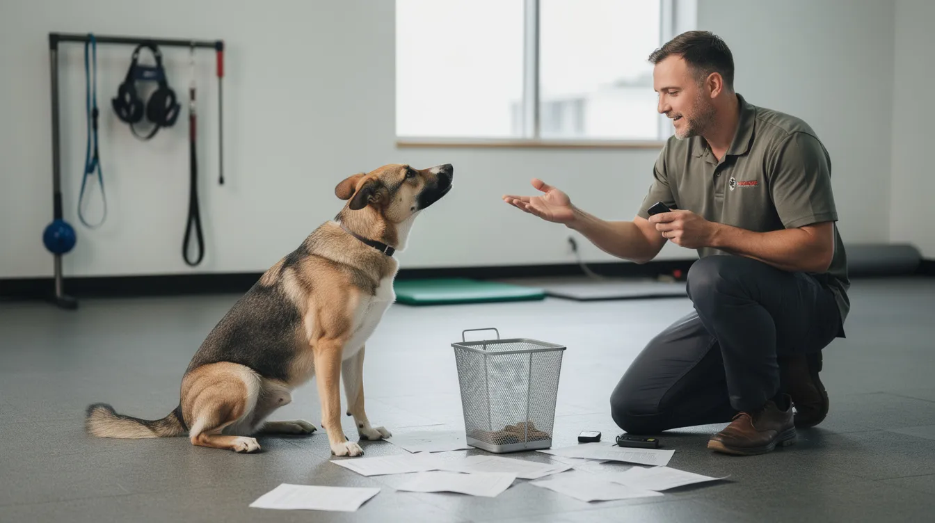 The image depicts a dog with a lowered head and sad eyes, standing next to a destroyed item on the kitchen floor, embodying the classic "guilty look" often associated with unwanted behavior. This scene captures the complex emotions that dogs may feel, such as anxiety and remorse, as they react to the negative consequences of their actions in the presence of their owner.