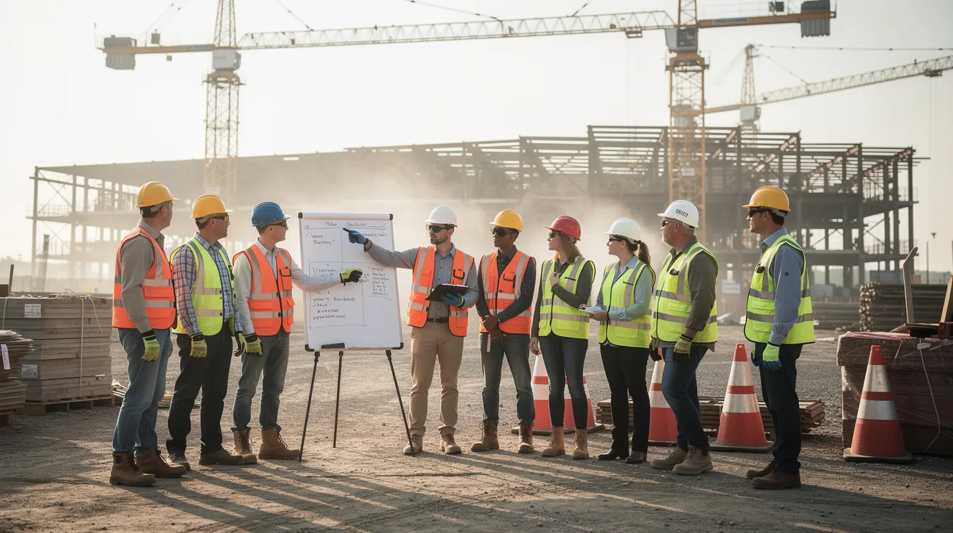 A construction team is gathered for a morning safety briefing on a large commercial project, with several cranes visible in the background, highlighting the importance of safety in the construction industry. This scene reflects the collaboration of skilled workers and construction firms in addressing the growing demand for construction projects.