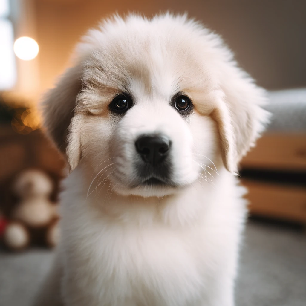 A Pyrenean Mastiff puppy face on view