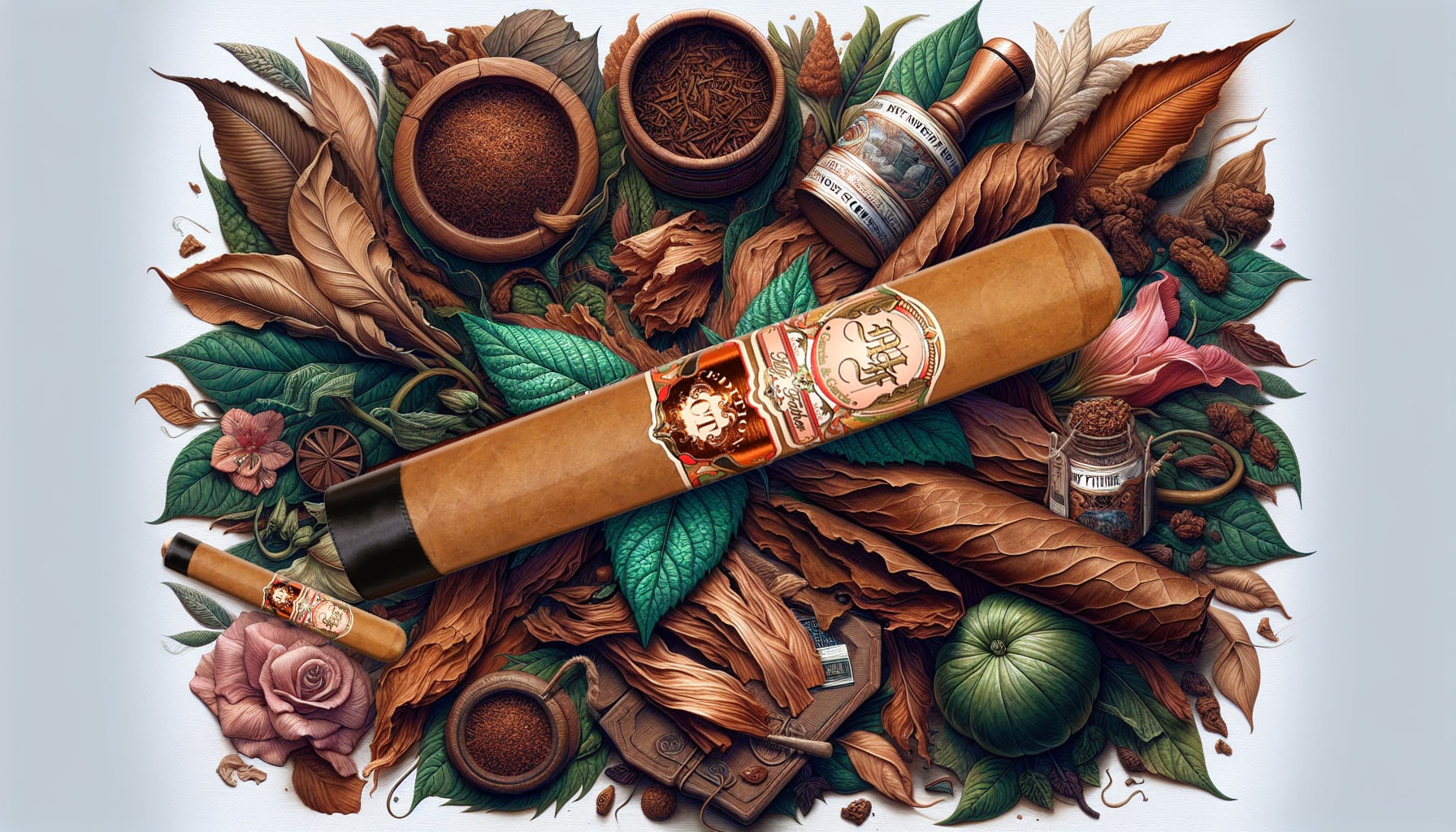 An artistic depiction of the components of My Father Connecticut cigars, highlighting the Ecuadorian Connecticut wrapper.