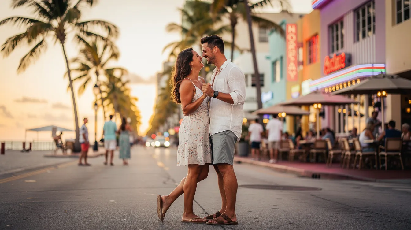 A couple is enjoying a lively date in Miami, laughing and sharing moments at a vibrant outdoor café, surrounded by the city's lively atmosphere. This scene captures the essence of casual dating and the joy of connecting with a potential partner in a beautiful setting.