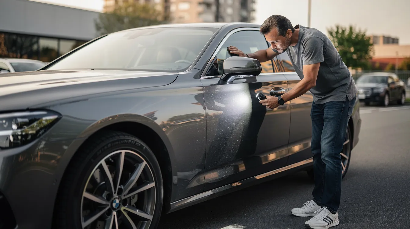 A person is closely examining the exterior of a car, possibly assessing it for military car shipping or transport. This detailed inspection highlights the importance of ensuring the vehicle's condition before utilizing a military car shipping service.