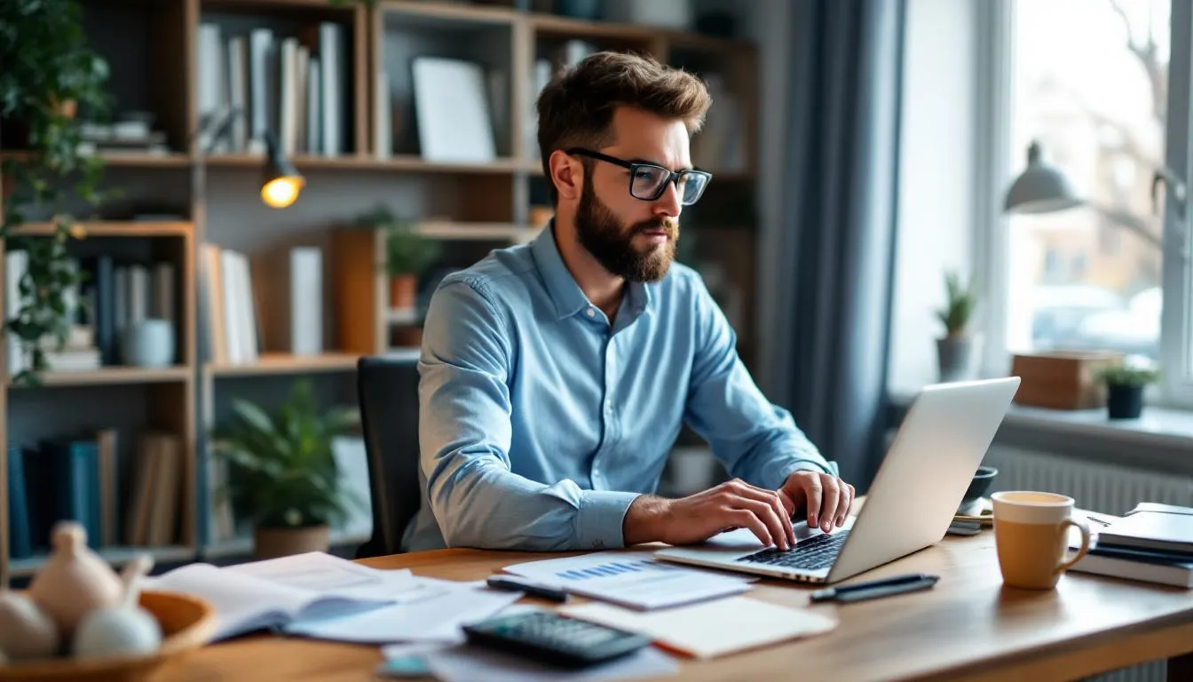 A small business owner is seated at a desk, focused on financial planning documents that include details about statutory sick pay (SSP) and eligibility criteria for employees. The workspace is organized with a laptop, paperwork, and a calculator, highlighting the importance of managing statutory payments and ensuring compliance with employment rules.