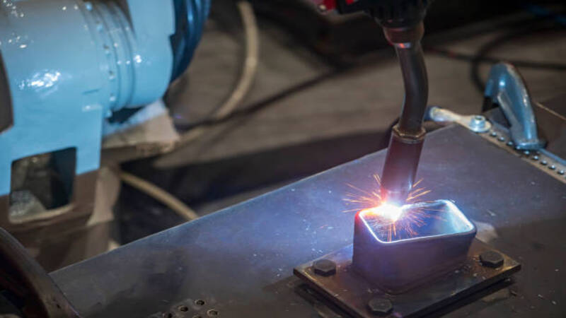 A handheld laser is welding metal pieces. 