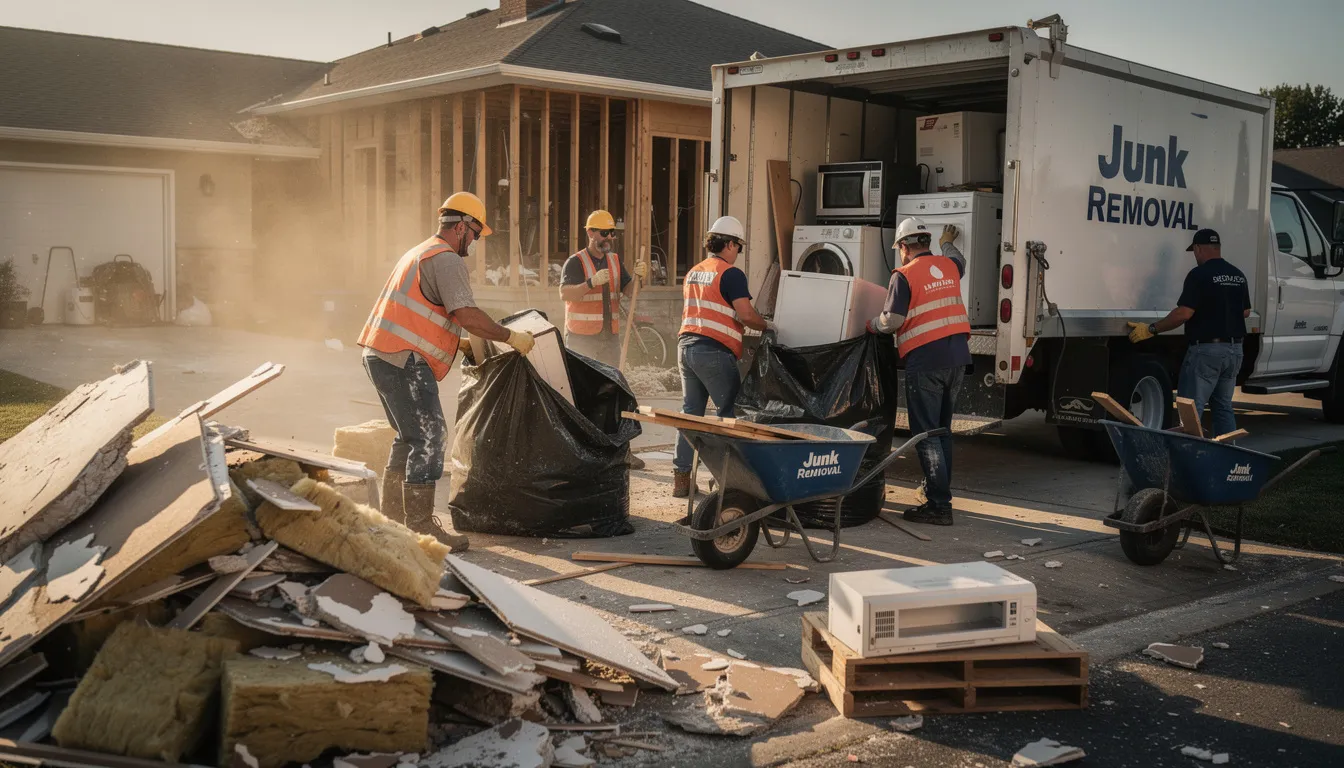 A team of construction workers and junk removal crew members are actively clearing away renovation debris, including old furniture and boxes, from a residential property. They are focused on efficient junk hauling, ensuring responsible disposal practices while providing a stress-free experience for the homeowner.