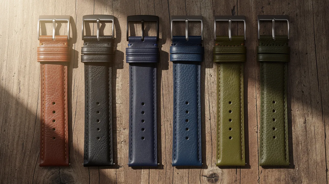 An array of Italian leather watch straps in various colors, including brown, black, blue, and olive green, is beautifully arranged on a wooden surface. Each strap features a stainless steel buckle and showcases the supple feel and highest quality of genuine Italian leather, making them a stylish choice for any wrist.