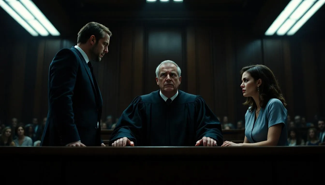 A courtroom scene illustrating a custody case involving domestic violence.