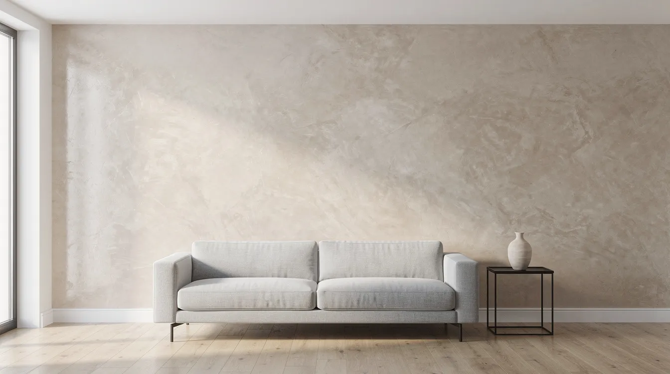 A polished Venetian plaster wall with a smooth satin finish reflects soft natural light in a minimally furnished room, creating a serene and elegant interior atmosphere. The textured surface showcases the quality and craftsmanship of the materials used, enhancing the overall design of the space.