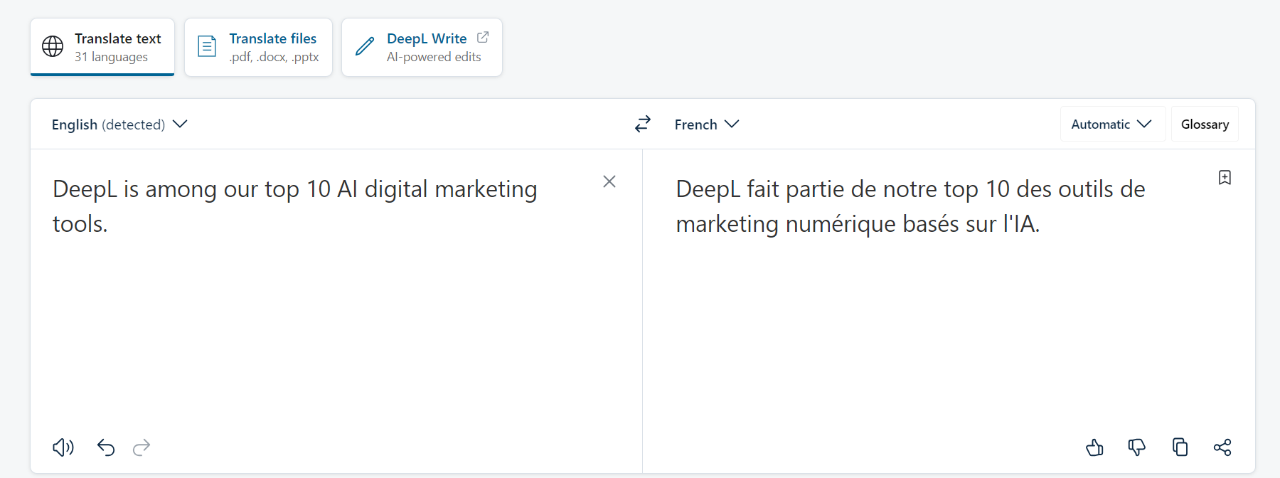 Example of a translation from English to French with DeepL.