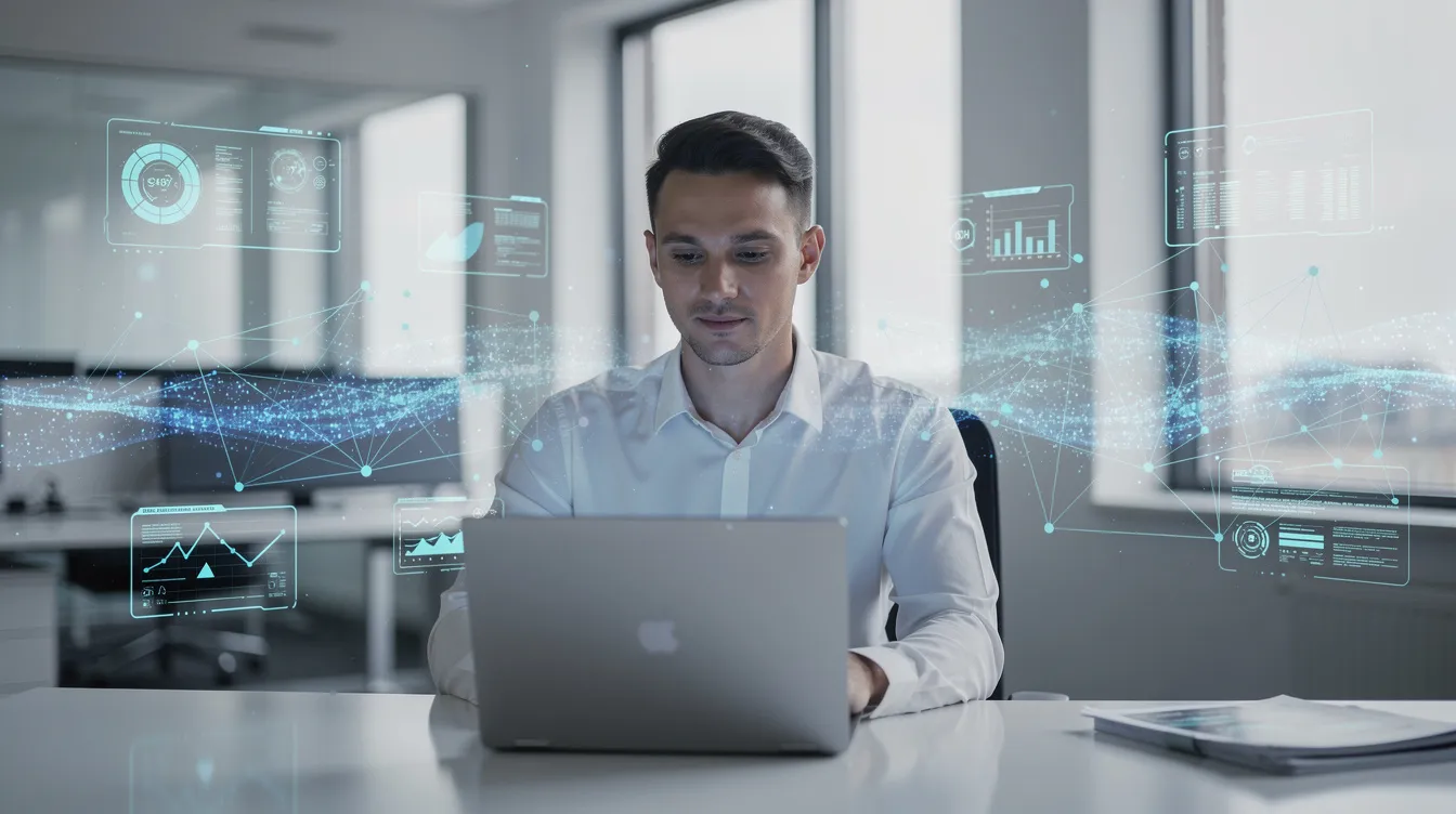 Ein Büroangestellter sitzt konzentriert an einem Laptop, während leuchtende digitale Elemente im Hintergrund schweben, die auf die Nutzung von KI-Tools und deren Integration in Unternehmensprozesse hinweisen.