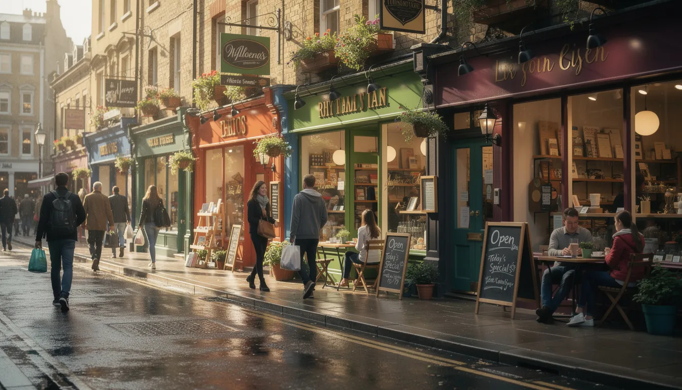 The image depicts a bustling high street filled with independent shops, where pedestrians stroll past vibrant storefronts. This lively scene highlights the importance of local businesses in enhancing local search visibility and attracting nearby customers through effective local SEO strategies.