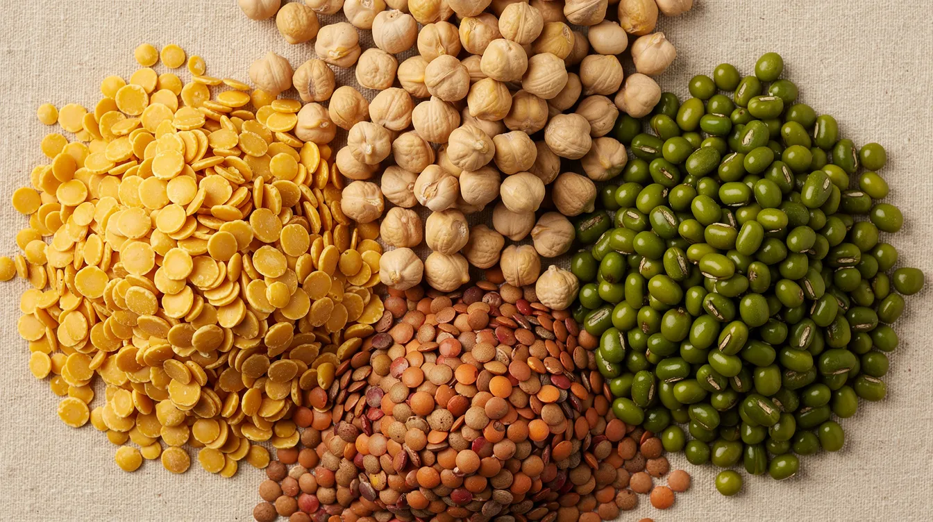 A close-up view showcases various dried pulse varieties, including yellow split peas, chickpeas, mung beans, and lentils, each arranged in separate piles. These pulses are key components in the global pulses market, highlighting their significance as plant-based proteins and nutritious food products in sustainable food production.