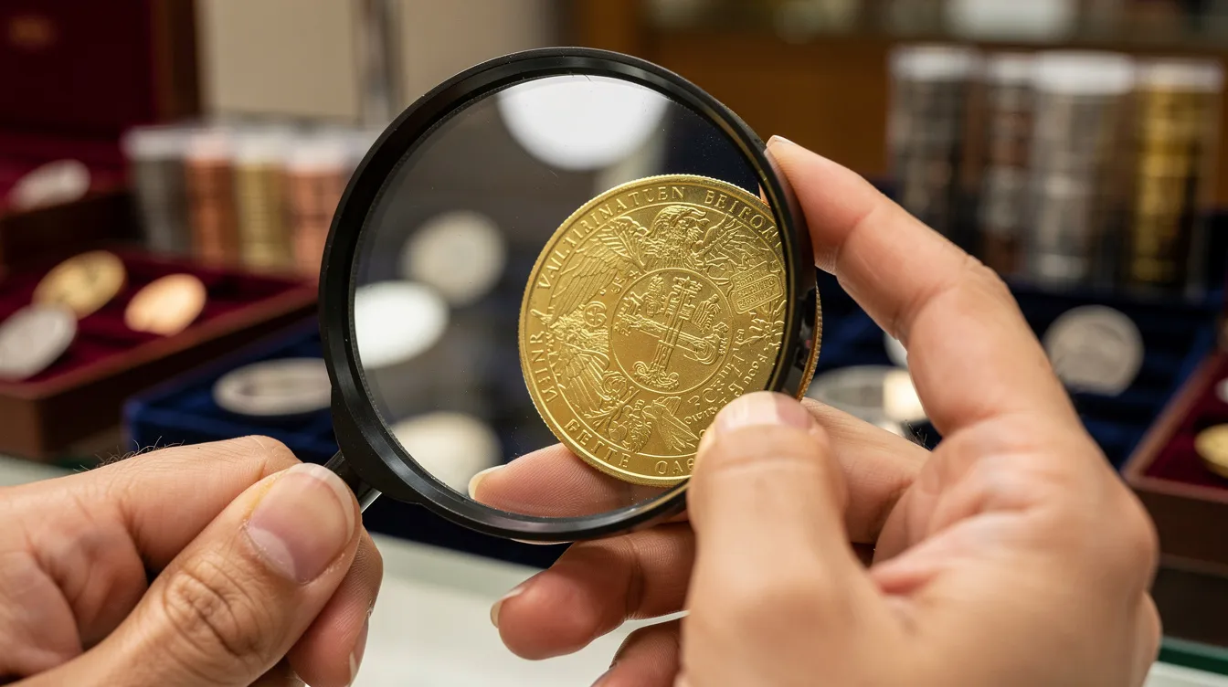 A person examining a gold coin under magnification at a precious-metals dealer counter