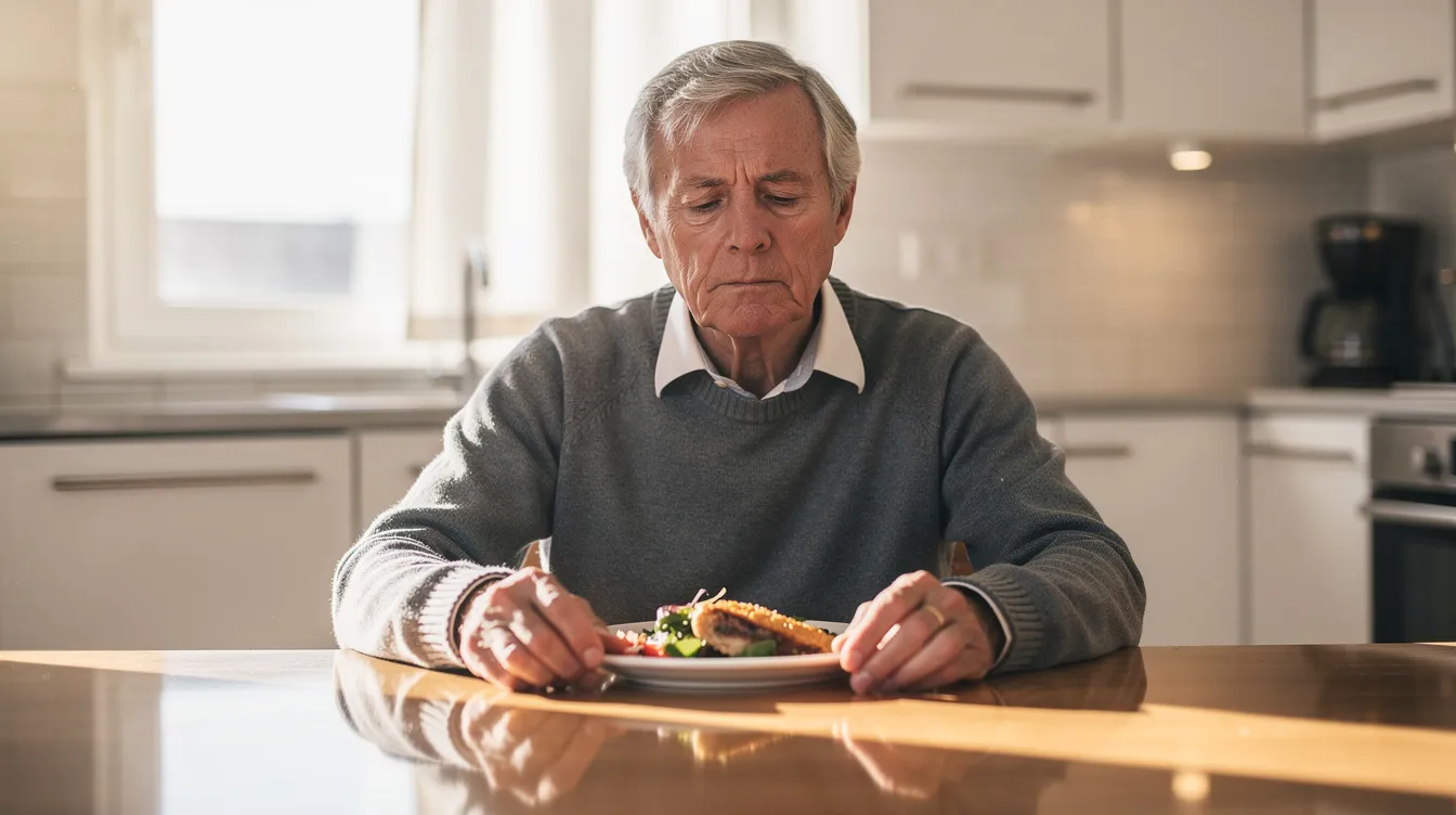 An older adult sits thoughtfully in a bright kitchen, gazing at a plate of food that may be part of their dietary plan to manage chronic pain and promote heart health. The scene reflects the importance of nutrition and the role of vitamins, such as vitamin D and B vitamins, in maintaining overall health and addressing persistent pain.