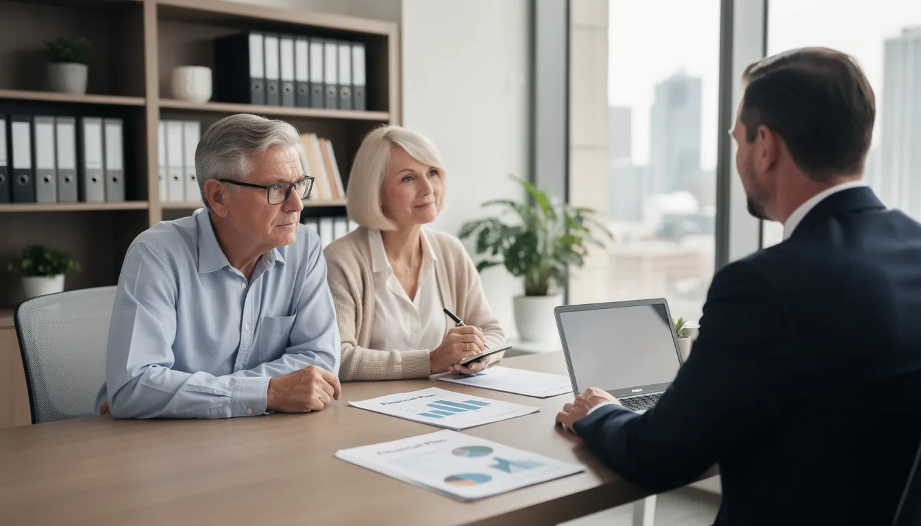 The image shows a senior couple sitting across from a financial advisor in an office, discussing their retirement plans and strategies for managing their retirement accounts, including traditional and Roth IRAs. The advisor is helping them understand the required minimum distribution (RMD) rules and the tax implications for their retirement savings.