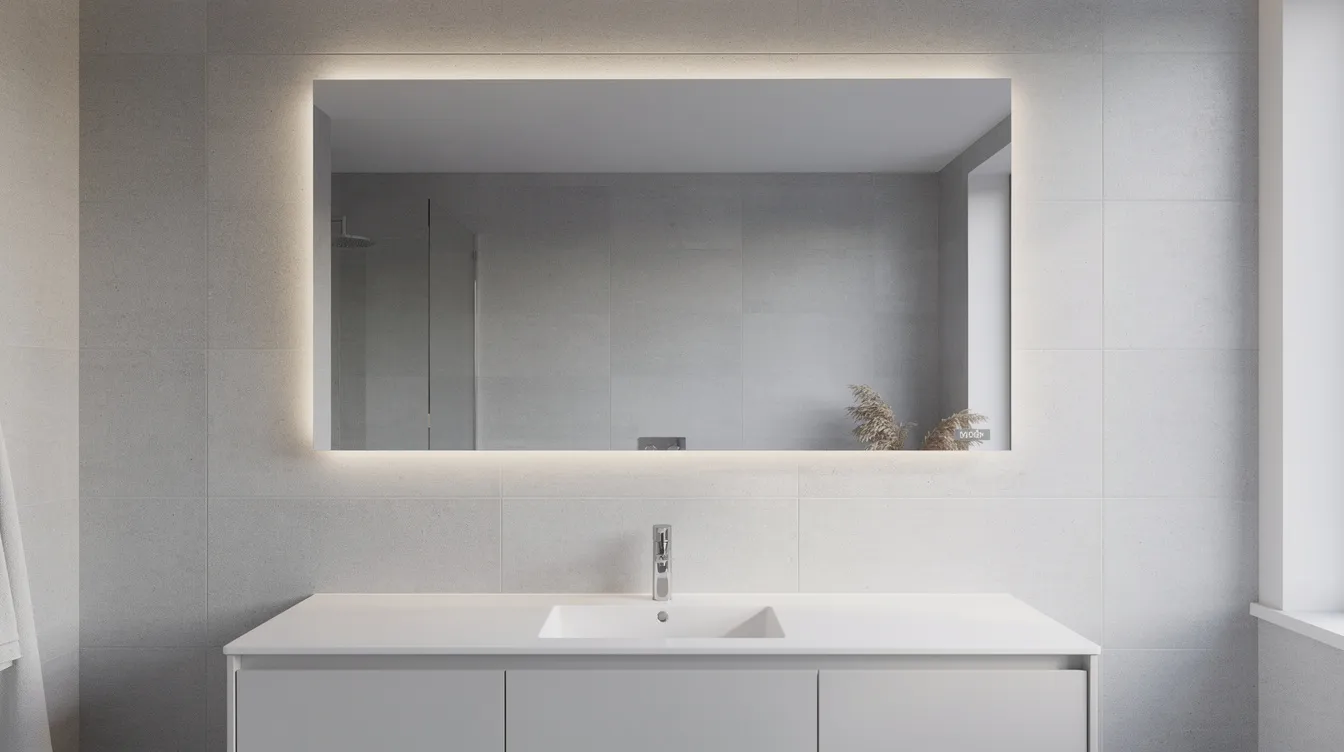 En modern rund spegel med inbyggd LED-belysning i ett stilrent badrum, som reflekterar ljus och skapar en känsla av rymd och elegans. Spegeln är en perfekt detalj för att inreda badrummet och ge det en ljusare och mer inbjudande atmosfär.
