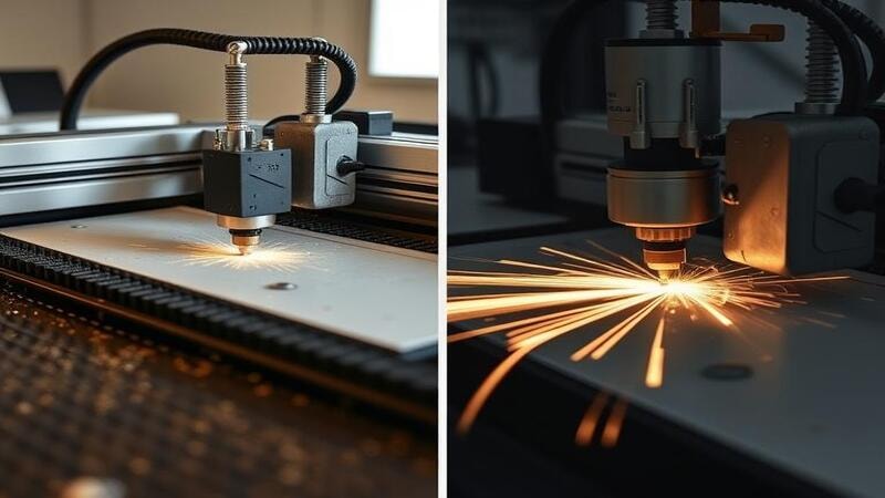 A lightweight laser machine shaking during cutting, producing a poor-quality part. A heavy, sturdy machine cutting precisely beside it.